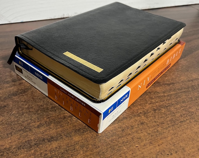 NIV 1984 Large Print Thinline Reference Bible Thumb Indexed - Black Top Grain Genuine Leather, Center Column Reference -Out of Print