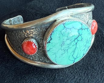Variscite & Spiny Oyster Sterling Silver Cuff Bracelet: Western Design