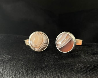 Handmade sterling silver cuff links featuring Botswana Agate