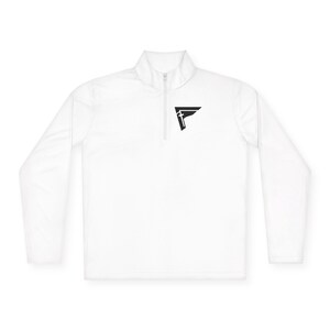May include: White long-sleeve athletic shirt with a quarter-zip collar. A black graphic of a cross and a stylized letter F is on the left chest. The shirt is made of a lightweight, breathable material, suitable for workouts or casual wear.