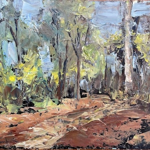 May include: A painting of a forest scene with trees and a path in the foreground. The trees are painted in shades of green, brown, and yellow, and the path is painted in shades of brown and tan. The painting has a textured, impasto style.
