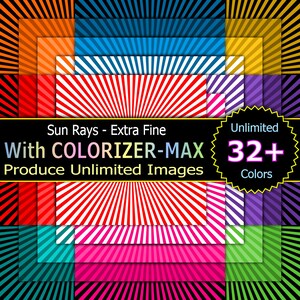 May include: A digital illustration of a sun ray pattern in 32+ colors. The text reads "Sun Rays - Extra Fine" and "With COLORIZER-MAX Produce Unlimited Images".