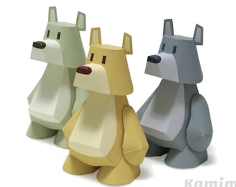 Printable Paper Craft PDF / Bear "Koomarty" Yellow, Green, Blue-Gray