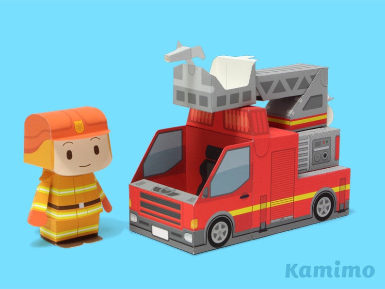 Fire truck Paper Toy / Printable Paper Craft PDF / Tatten Plus Emergency Vehicles image 1