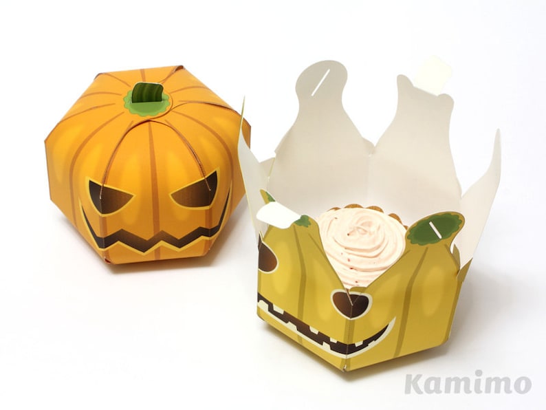 Halloweenpumpa - Presentförpackningar, Cupcake-förpackningar, Presentförpackningar, Halloweendekoration, Ornament, Pumpalykta / Utskrivbar papperspyssel PDF bild 3