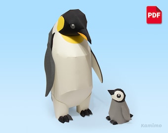 Emperor Penguin parent and chick - 3D Papercraft, Paper sculpture, DIY paper model, PDF template A4