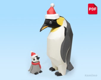 Emperor Penguin wearing Santa hat - 3D Papercraft, Paper sculpture, DIY paper model, PDF template A4