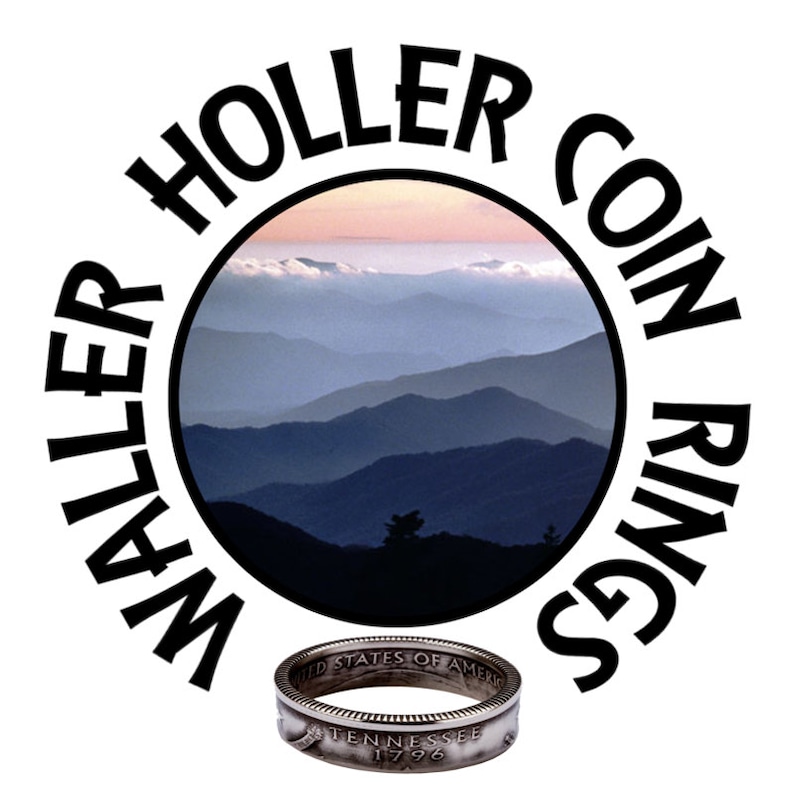 May include: A silver coin ring with the text "UNITED STATES OF AMERICA" and "TENNESSEE 1796" is displayed below a circular image of layered blue mountains and a sunset. The words "WALLER COIN RINGS" are in a black circular font around the image.