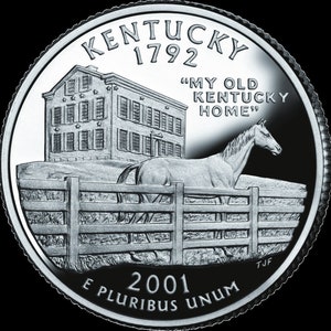 May include: A silver-colored Kentucky state quarter featuring a detailed depiction of a horse, a historic house, and a wooden fence. The coin includes the inscriptions "KENTUCKY 1792", "MY OLD KENTUCKY HOME", and "2001 E PLURIBUS UNUM".
