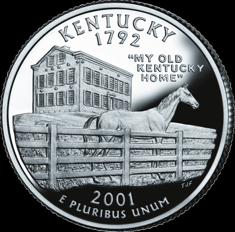 May include: A silver-colored Kentucky state quarter featuring a detailed depiction of a horse, a historic house, and a wooden fence. The coin includes the inscriptions "KENTUCKY 1792", "MY OLD KENTUCKY HOME", and "2001 E PLURIBUS UNUM".