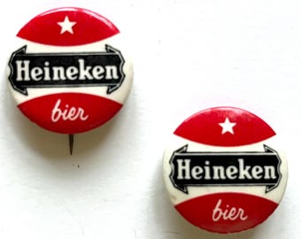2 Vintage Heineken buttons, beer pins, man cave gift