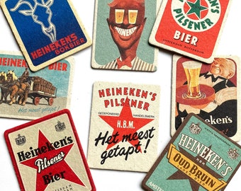 8 vintage Heineken beer coasters, famous Dutch beer, Heineken gift, cardboard Holland beer bar coasters, tavern coasters, barware