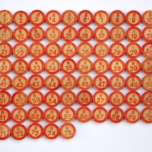 75 vintage wooden bingo numbers, lotto tiles, tombola game pieces, bingo game tiles