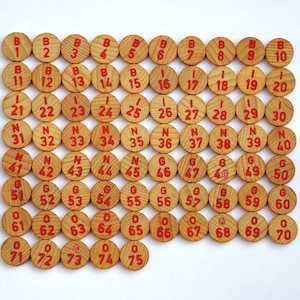 75 vintage bingo numbers, wooden numbers, vintage bingo markers, lotto, tombola, bingo game tokens