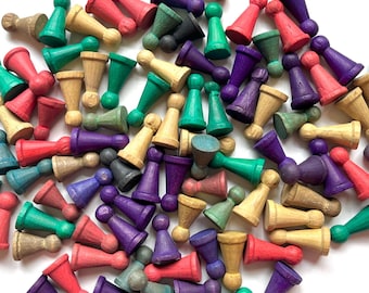 90 vintage pawns, game tokens, wooden pawns, antique board game pieces, halma or ludo game board player pieces