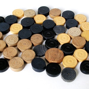 100 vintage checker game pieces, wooden discs, checkers, black and white tokens, game parts, checkers set, board game pieces