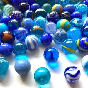 50 vintage Blue Glass Marbles, mix with colored swirls and clearies, contemporary target marbles