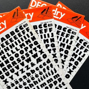 4 black dry transfer sheets from Decadry, vintage rub on letters, green letter decals, instant lettering, Letraset transfers