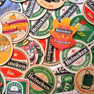 25 vintage Heineken beer coasters, famous Dutch beer, Heineken gift, cardboard Holland beer bar coasters, tavern coasters, man cave barware