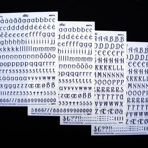 4 dry transfer sheets, vintage Alfac rub on letters, letraset mecanorma decadry dry transfer decals, font type George, Gothic