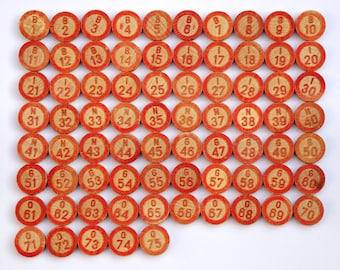 75 Vintage Wooden Bingo Numbers - 1970s Lotto Game Pieces
