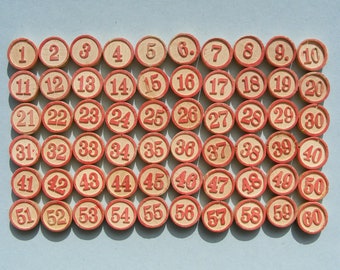 60 bingo numbers, tombola game pieces, vintage wooden lotto tiles, french loto