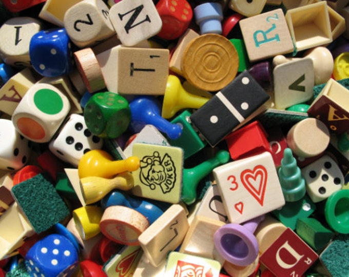 100 Game Pieces, Vintage Tiles Mix, Letters, Pawns, Scrabble, Dice, Game Pieces Lot, Bulk Game