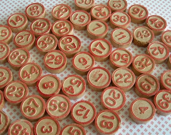 complete 60 vintage lotto bingo numbers, wooden game pieces, bingo tiles, markers