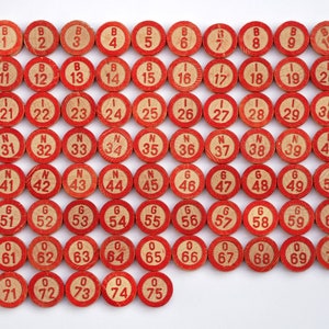 75 bingo numbers, vintage wooden single-sided lotto pieces, black bingo numbers, tombola game set, bulk game pieces