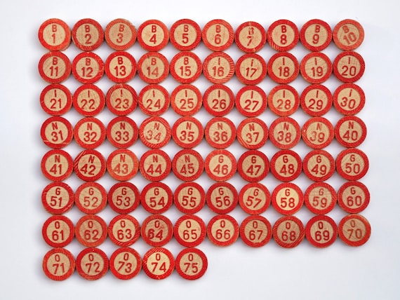 75 Bingo Numbers, Vintage Wooden Single-sided Lotto Pieces, Black