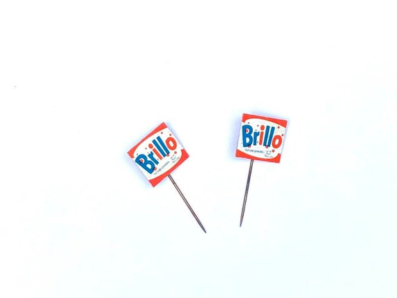 2 Vintage Brillo pins, Brillo Box gift, Andy Warhol stick pin, retro advertising stick pin, Brillo pad holder collectible