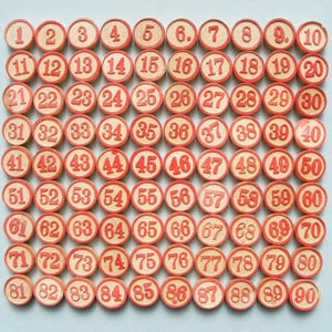 90 vintage tombola numbers, lotto bingo game tokens, wooden numbers, vintage bingo markers