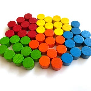 50 vintage wooden discs, 15x10mm colored pawns, game pieces, vintage wooden cylinders, round wooden tokens, pawns, board game markers