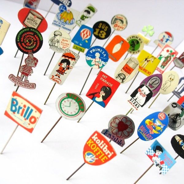 25 vintage stick pins, advertising pins from sixties and seventies, Dutch retro pins