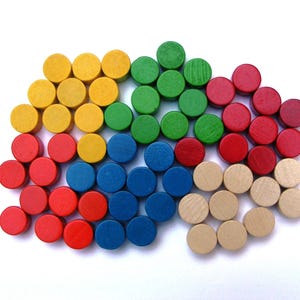 60 vintage wooden discs, 0.7” colored pawns, game pieces, vintage wooden cylinders, round wooden tokens, pawns, board game markers