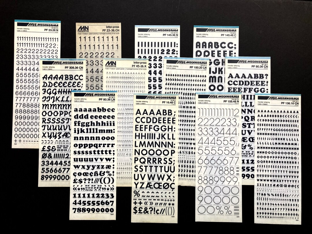 12 Black Dry Transfer Sheets, Rub Down, Mecanorma Rub on Letters ...