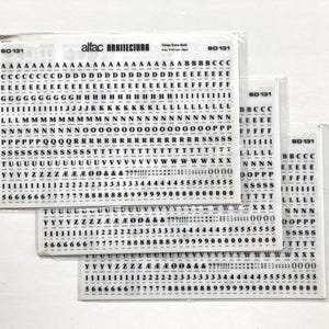 3 dry transfer letter sheets, Alfac instant lettering, font Times Extra Bold size 16pt 4 mm, Letraset Architecture rub on letters