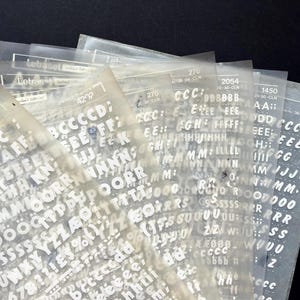 8 white Letraset dry transfer sheets, instant letter decals, rub on transfers
