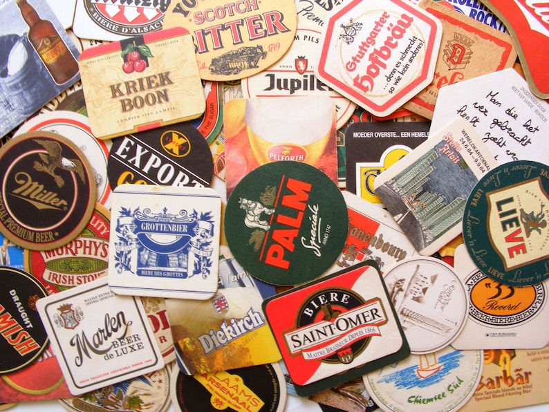 100 vintage beer coasters, beer gifts, cardboard barware, coasters, tavern bar coasters, bulk beer coasters afbeelding 1