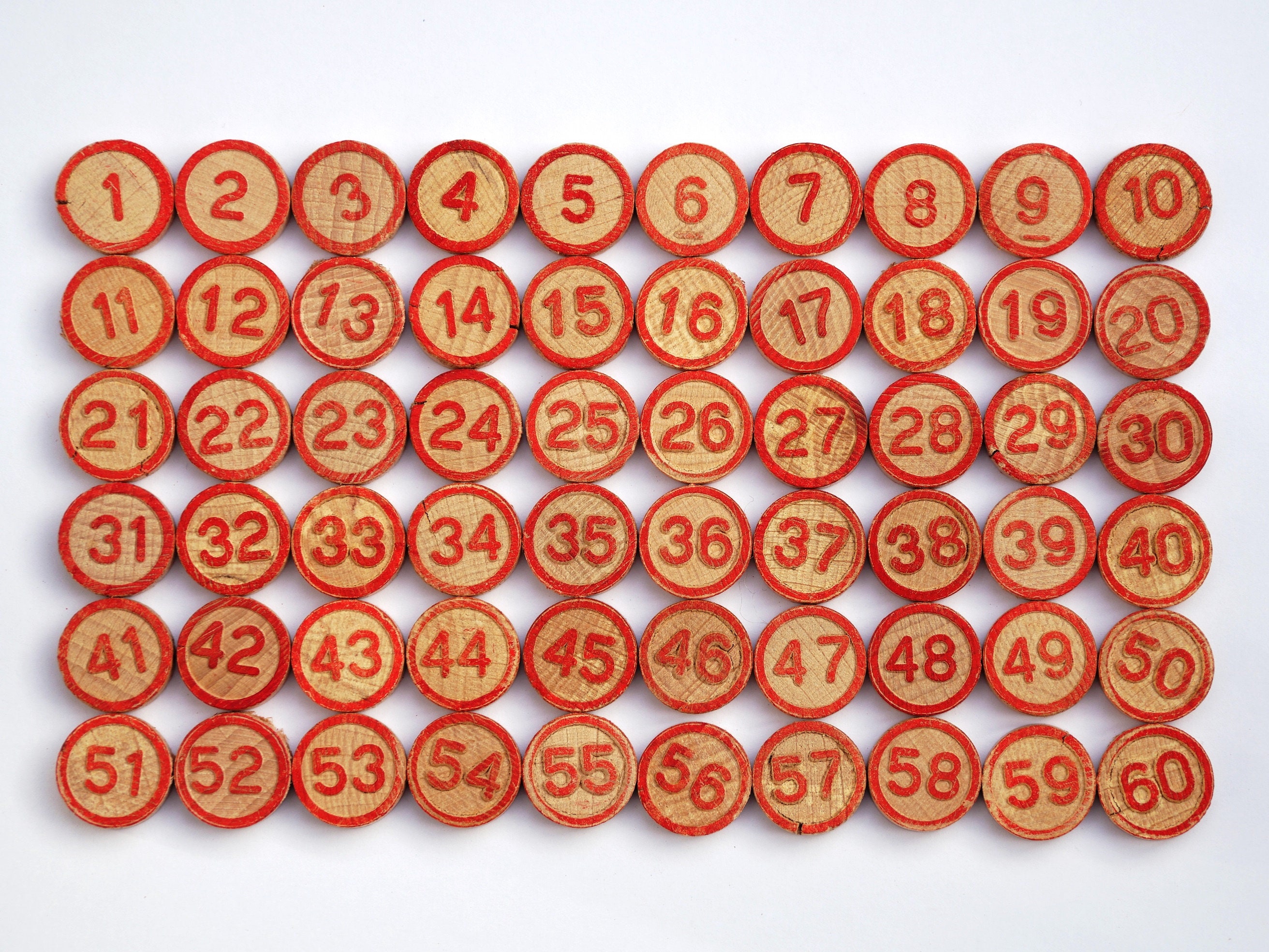 60 Bingo Numbers, Tombola Game Pieces, Vintage Wooden Lotto Tiles