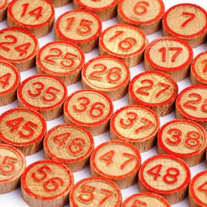 60 bingo numbers, tombola game pieces, vintage wooden lotto tiles, french loto