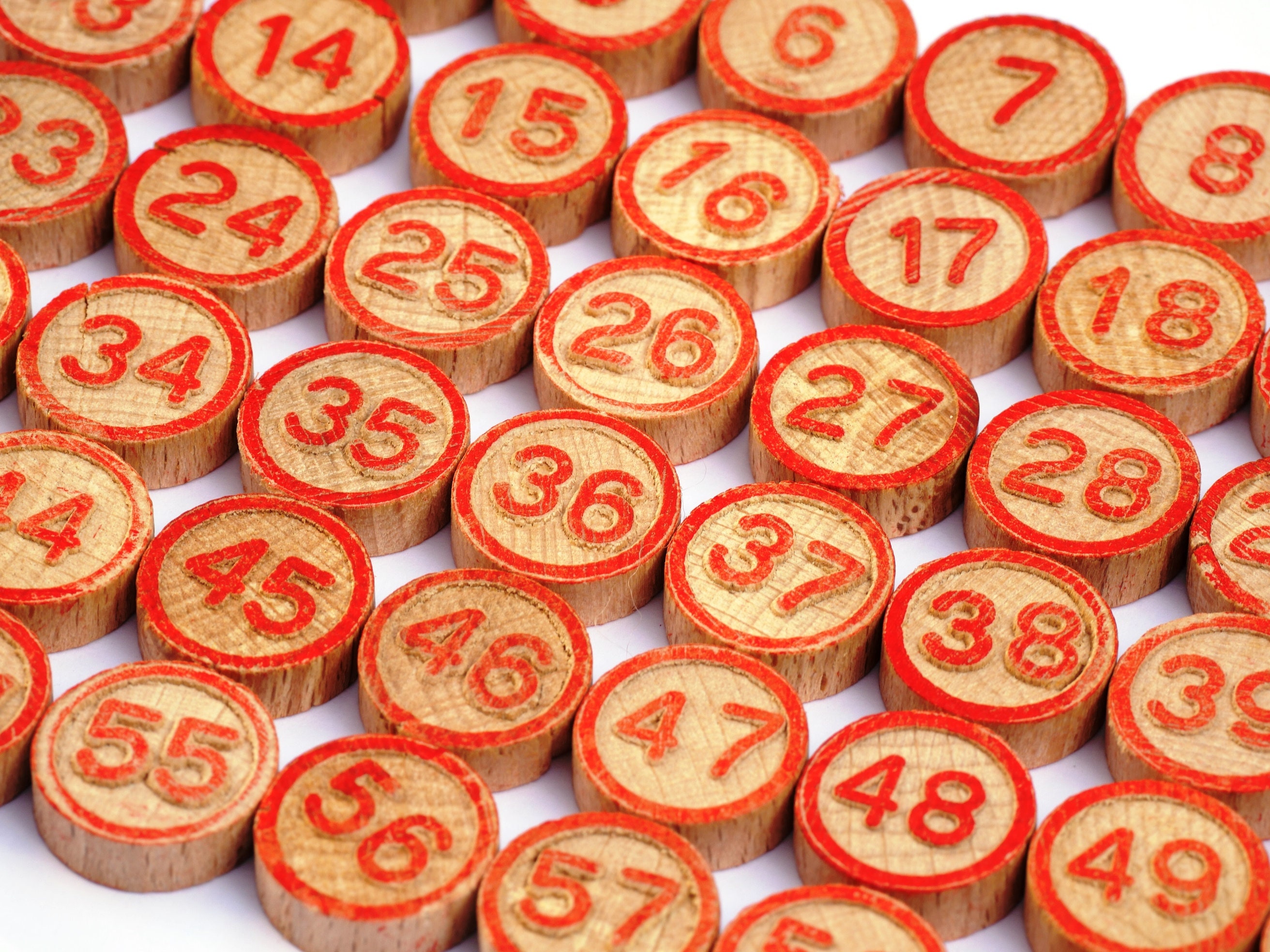 60 Bingo Numbers, Tombola Game Pieces, Vintage Wooden Lotto Tiles