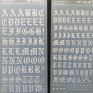 5 silver Gothic rub on letter sheets, dry transfer lettering with Gotic font, Mecanorma silver color decal sheets, Letraset
