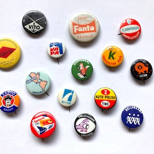 15 vintage Dutch pins, bulk 1970s pin buttons, retro advertising buttons, pinback, pin back, backpack pins