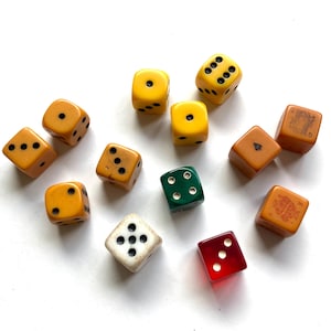 13 vintage dice, bakelite catalin and porcelain dice, rare collectible game pieces, gift for dice lovers
