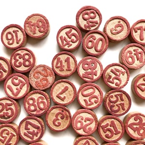 76 vintage bingo lotto numbers, tombola tokens, game pieces, vintage wooden numbers,  lotto tiles, french loto