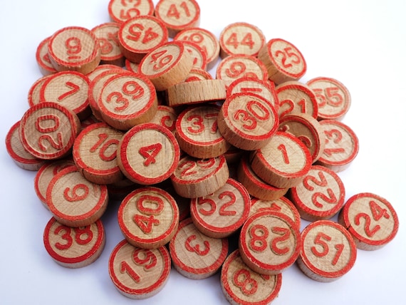 60 Bingo Numbers, Tombola Game Pieces, Vintage Wooden Lotto Tiles