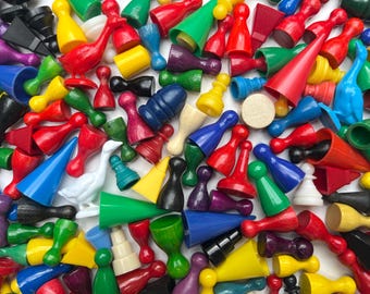 100 vintage wooden and plastic pawns, bulk game pawn mix, replacement board game pieces, halma or ludo player tokens