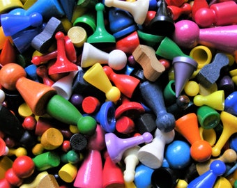 100 vintage pawns, wooden and plastic board game parts, meeples and tokens, bulk replacement parts