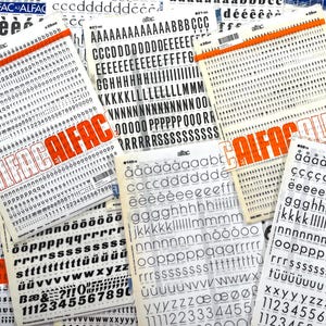 10 Vintage instant lettering sheets, Alfac letter dry transfers, Letraset rub ons sheets
